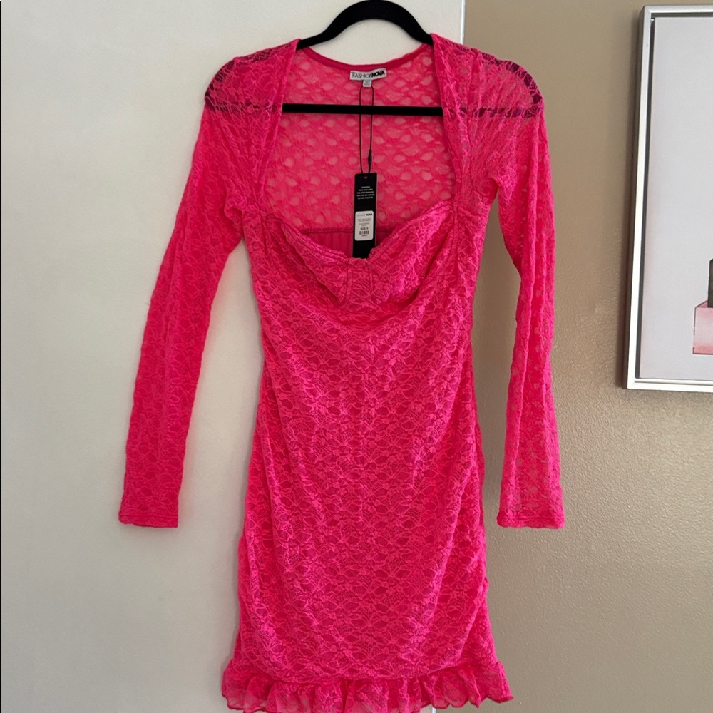 Fashion Nova Vibrant Pink Lace Long Sleeve Dress